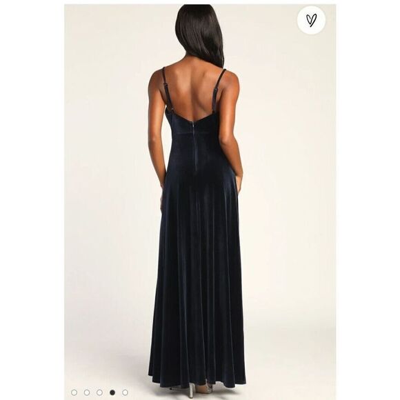 Lulu's Dress Elegant Luxury Navy Blue Velvet Cowl Neck Maxi Size X-Large - Picture 7 of 7